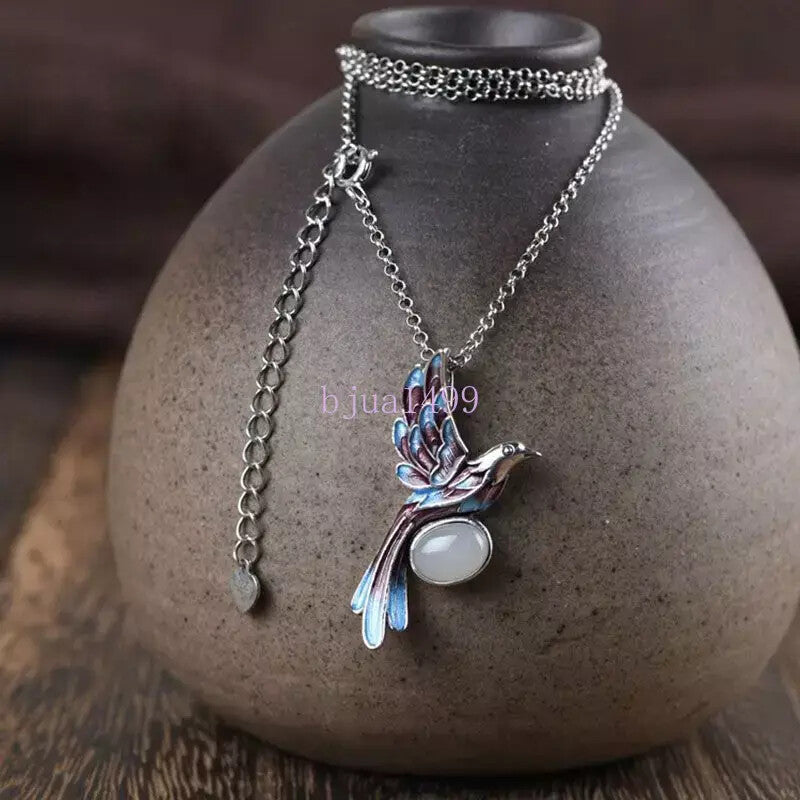 Burnt Blue Magpie Pendant with Natural Stone Necklace -