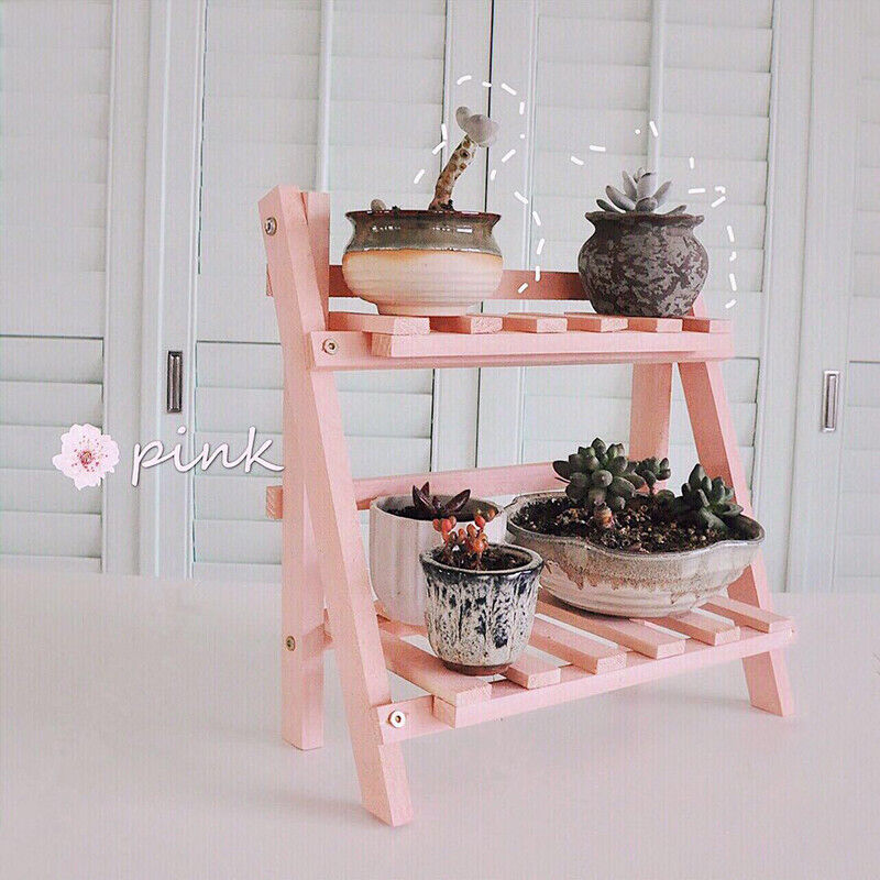 Wooden Double Layer Shelves Flowerpot Sundries Storage Shelf Home Organizer