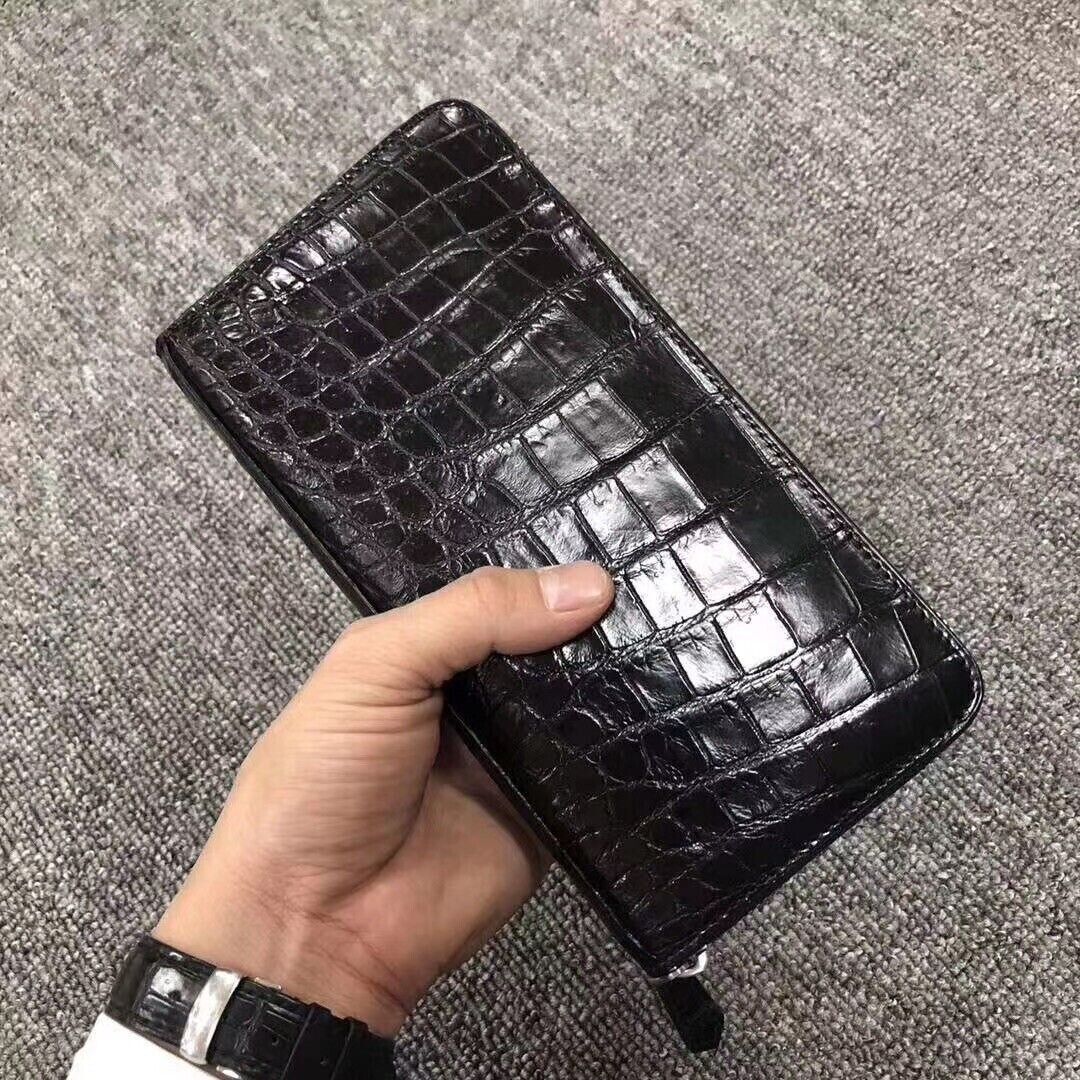 Black Genuine Crocodile Alligator Leather Zipper Long Wallet Hand Clutch Bag