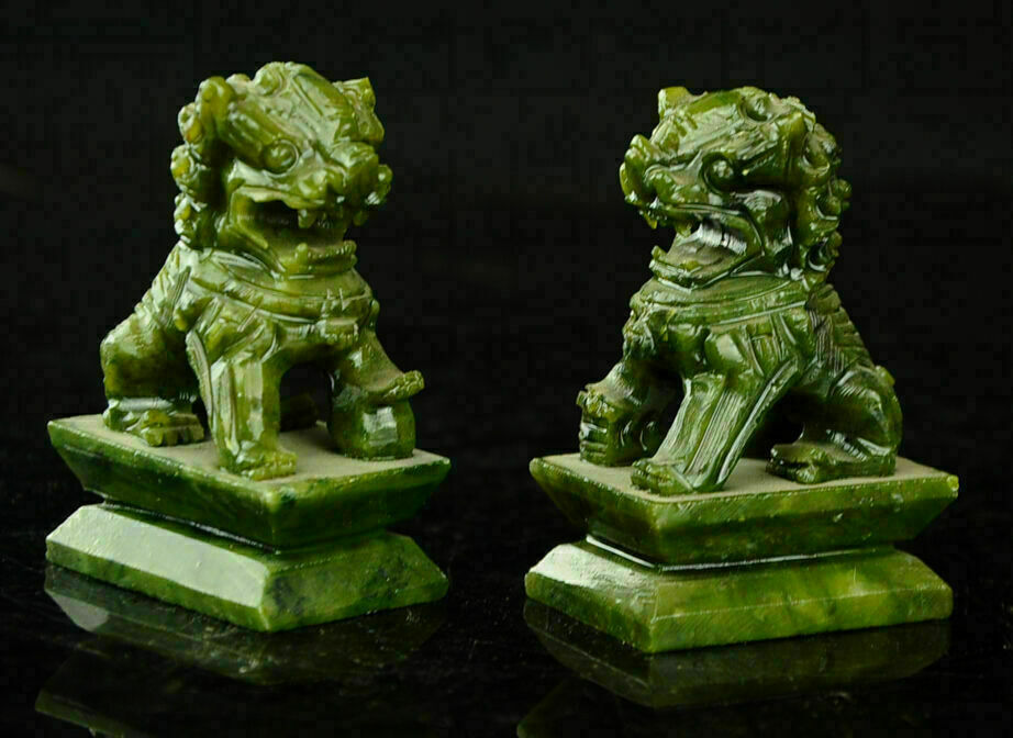 A Pair 100% China Natural Jade Hand-carved Statues Fo Dog Lion Rare