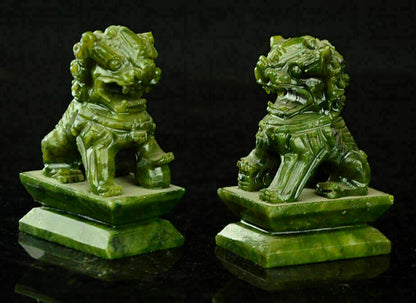 A Pair 100% China Natural Jade Hand-carved Statues Fo Dog Lion Rare