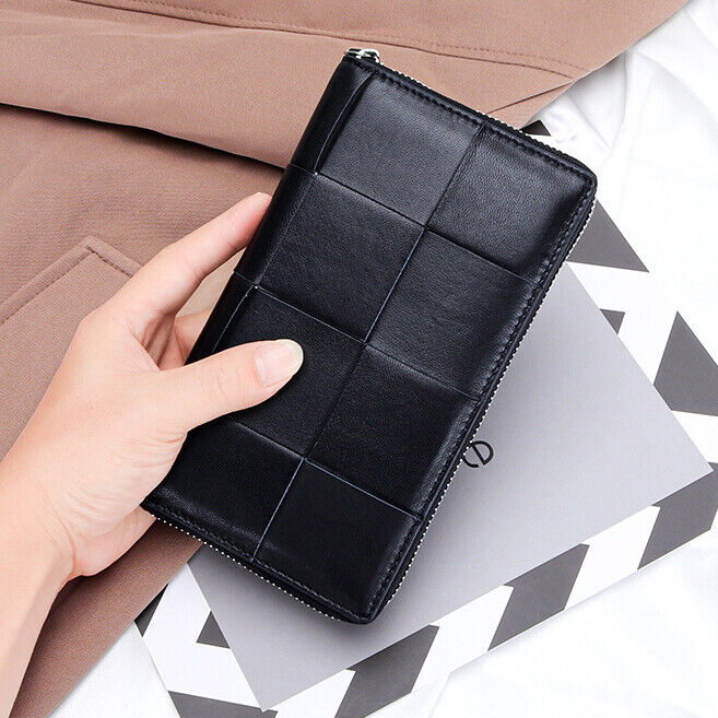 Real Sheepskin Leather Long Wallet Women Weaving Clutch Bag Zipper Phone Holder
