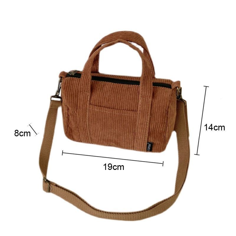 Corduroy Shoulder Bag Canvas Handbag Zipper Totes Purse Cloth Pouch 19*8*14 CM