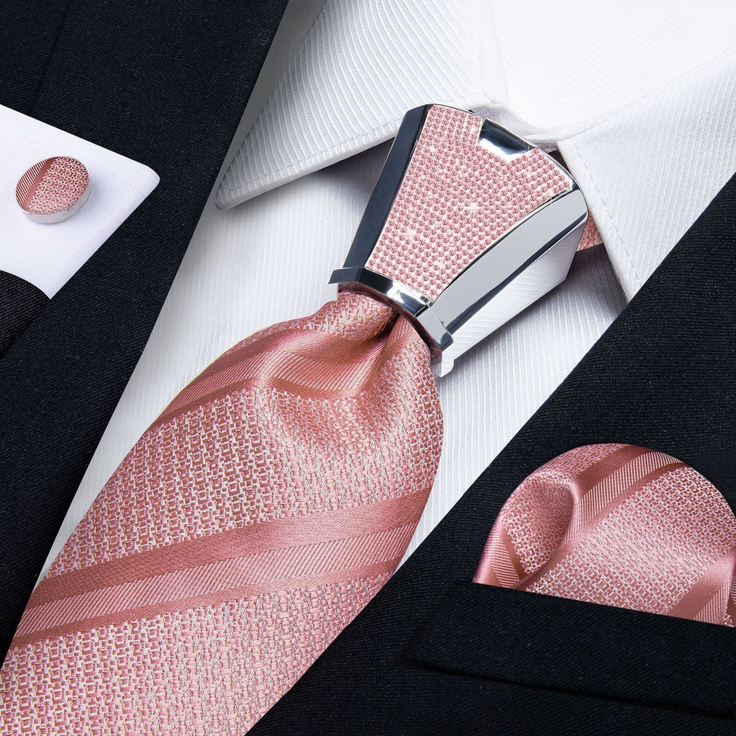 Men Necktie 3Pcs Luxury Striped Ties Cufflinks Pocket Square Wedding Accessories