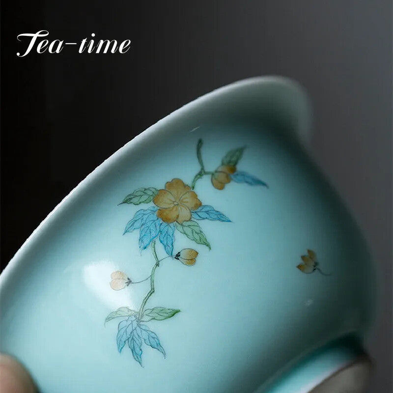 110ml Handpainted Spring Flower Ceramic Tea Tureen Retro Green Glaze Bowl Tea