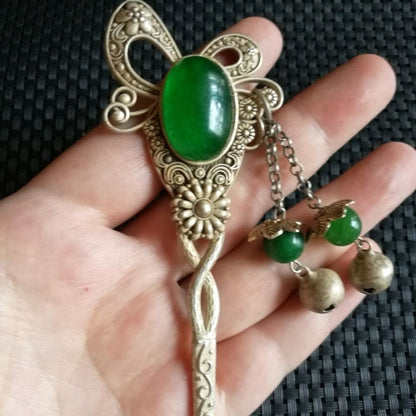 Vintage Silver-Tone Inlaid Green Gem Hairpin Antique Collectible