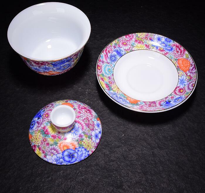 150ml Jingdezhen Porcelain Gaiwan Flowers Blossom Color Crafts Cup Bowl Tea Set