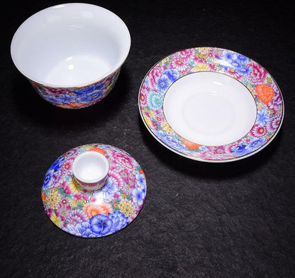 150ml Jingdezhen Porcelain Gaiwan Flowers Blossom Color Crafts Cup Bowl Tea Set