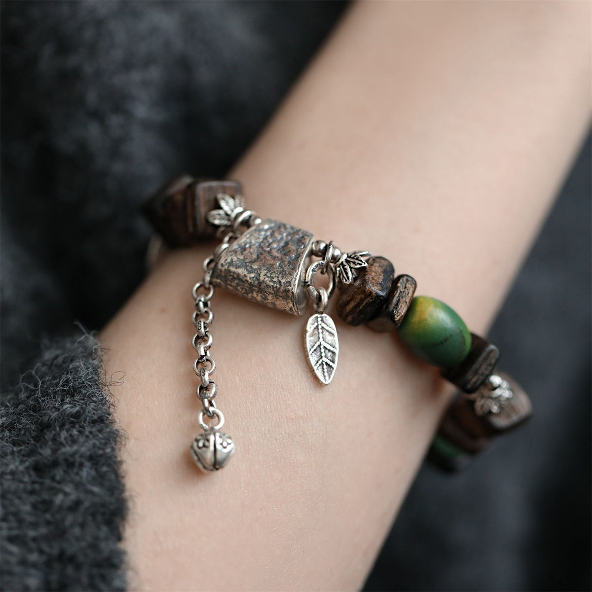 Green Jujube Agate Aventurine Agarwood Silver Axe Bracelet Retro