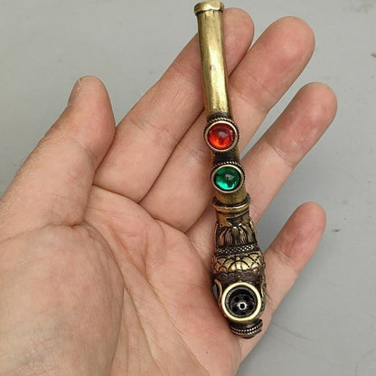 Old brass copper inlay gemstone handmade Cigarette holder Smoking tools