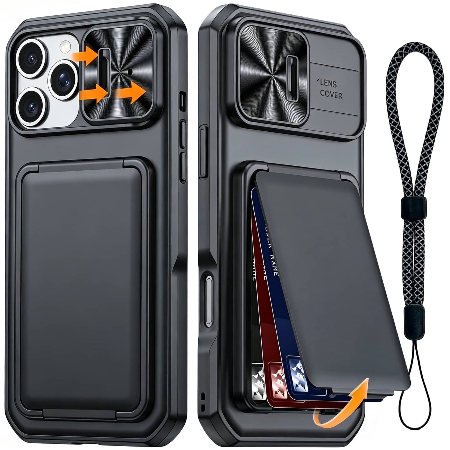 For iPhone 17 16 15 Pro Max Case Wallet+Lanyard Wrist Strap Built-in Card Holder