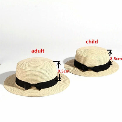 Hats Sun Flat Straw Boater Girls Bow Summer Women Kid Beach Casual Adult Autumn