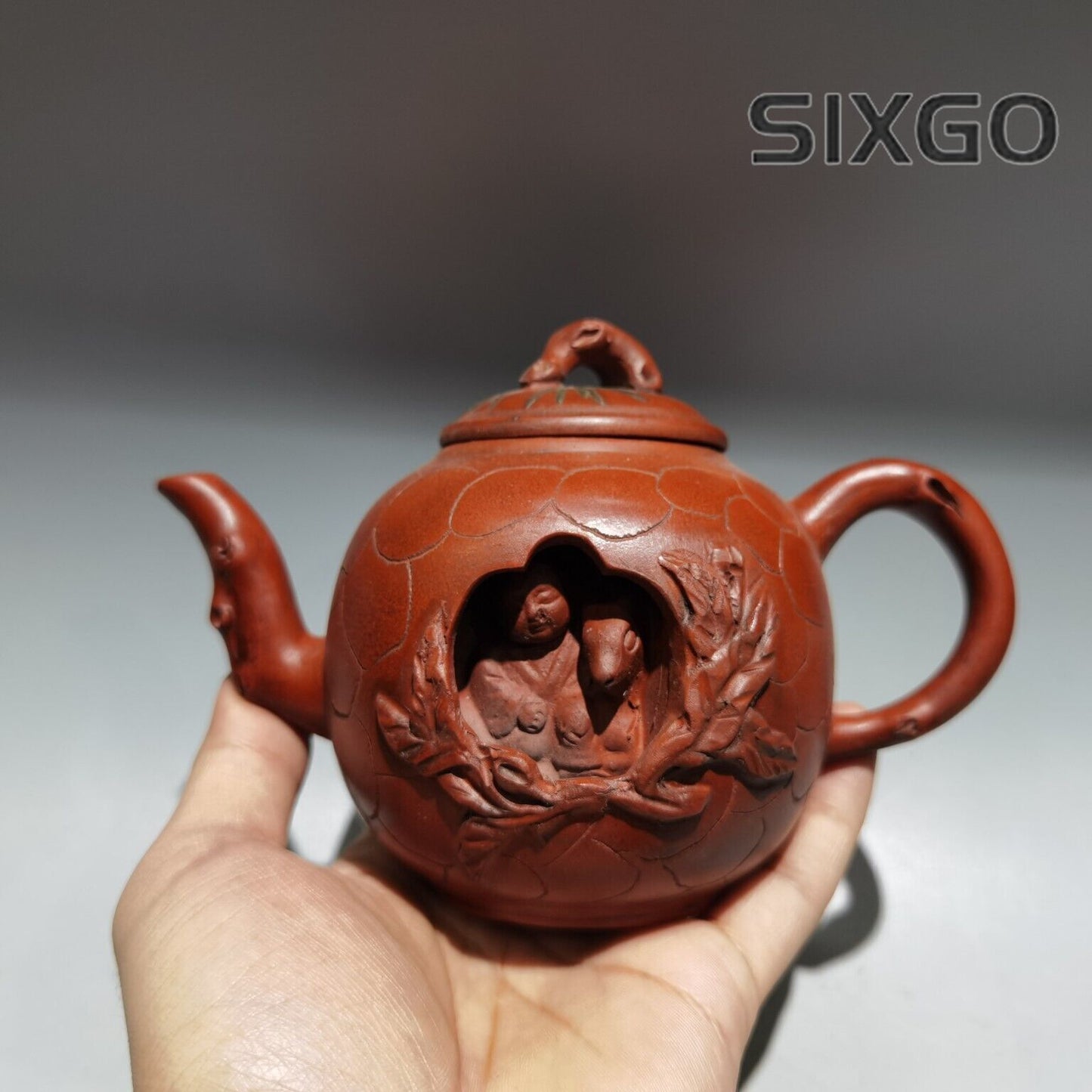 6.6"China Yixing Zisha Pottery Red Clay 300CC Hand Made Snake Pine Needle Teapot