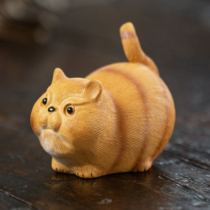 Chinese Yixing Sculpture Purple Clay Tea Pet Cute Luck Cat Statue Tea Figurine
