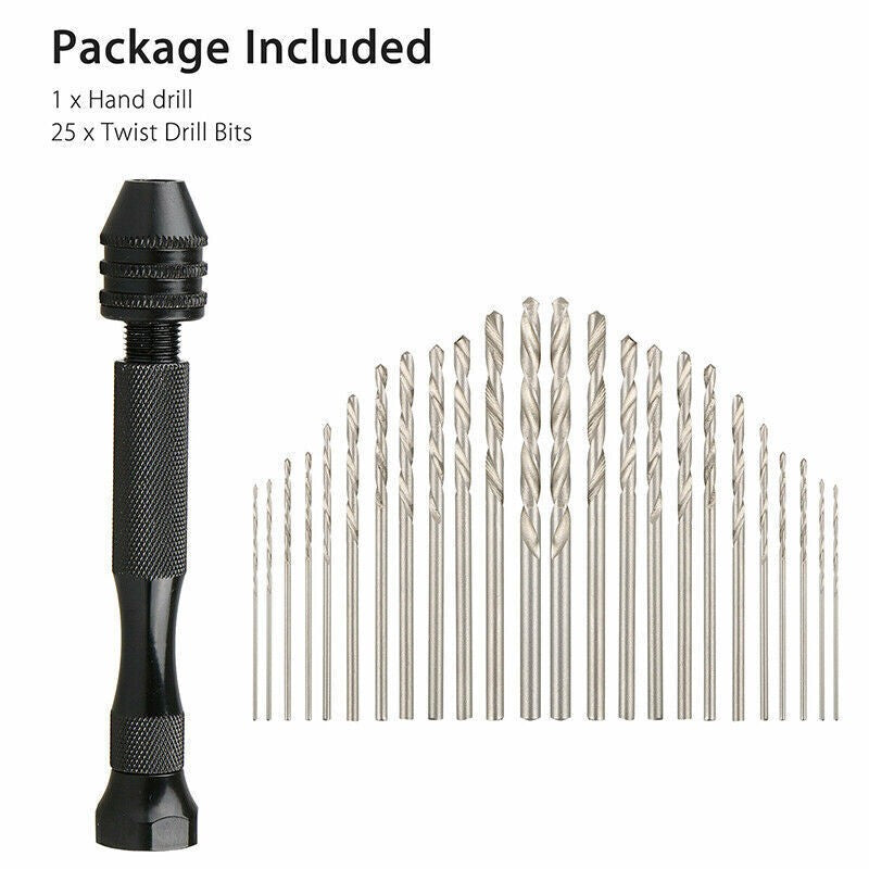 26pcs Micro Hand Drill Bits Small Manual Keyless Chuck Pin Vise Rotary Tool Kit