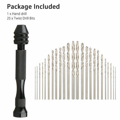 26pcs Micro Hand Drill Bits Small Manual Keyless Chuck Pin Vise Rotary Tool Kit