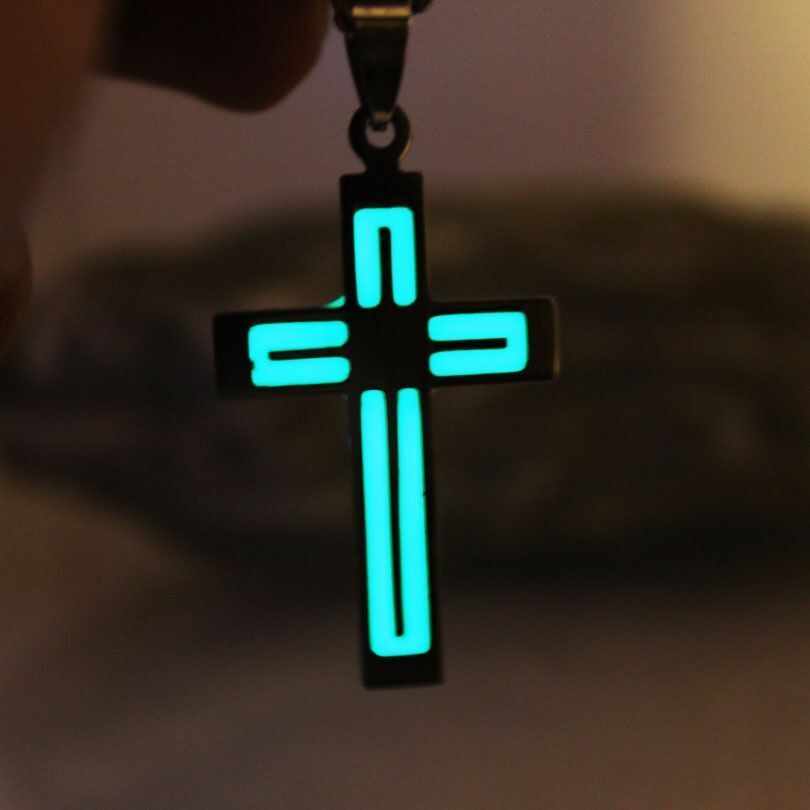 Men Women Glowing Cross Necklace Stainless Steel Glow In The Dark Cross Pendant
