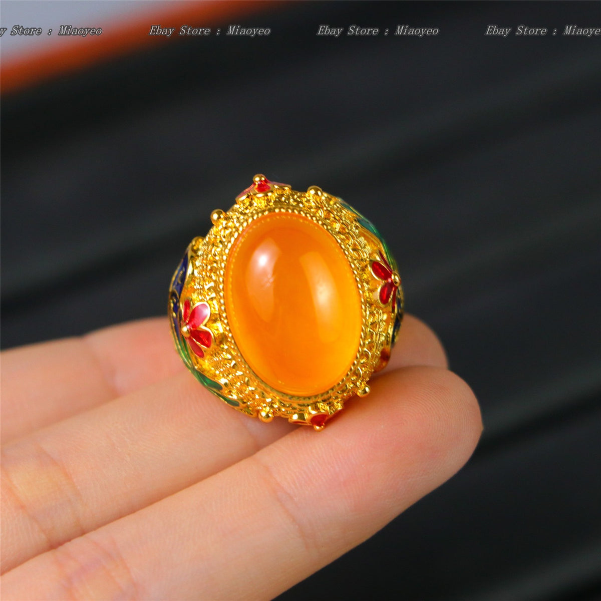 Rare Natural Grade A High Ice Yellow Jade Jadeite Inlay Adjustable Amulet Rings