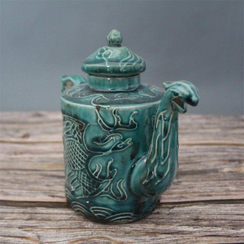 17cm Chinese Antique Song Porcelain Green Glaze Dragon Phoenix Pattern Teapot