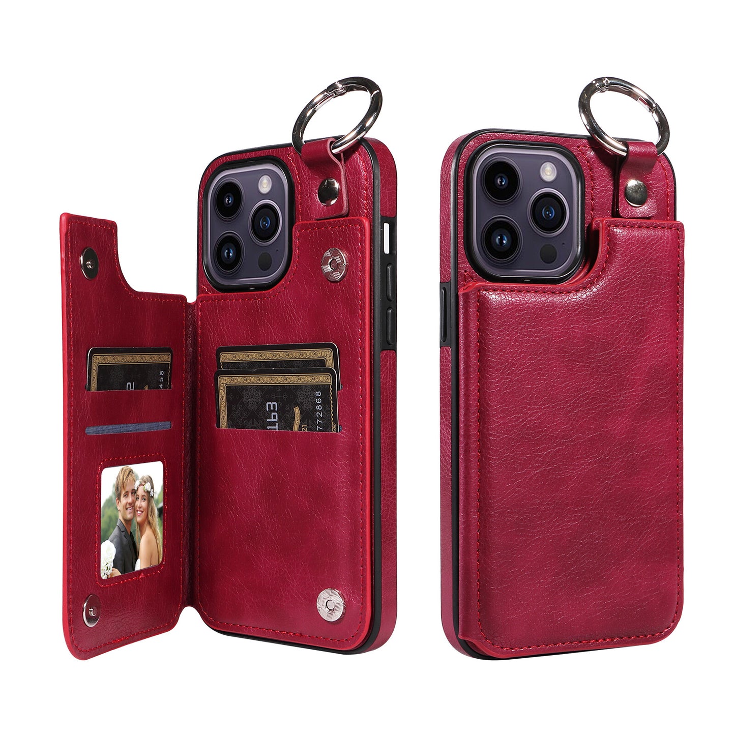 For iPhone 15 14 13 12 11 Pro Max Wallet Case with Card Holder Ring Buckle Cover