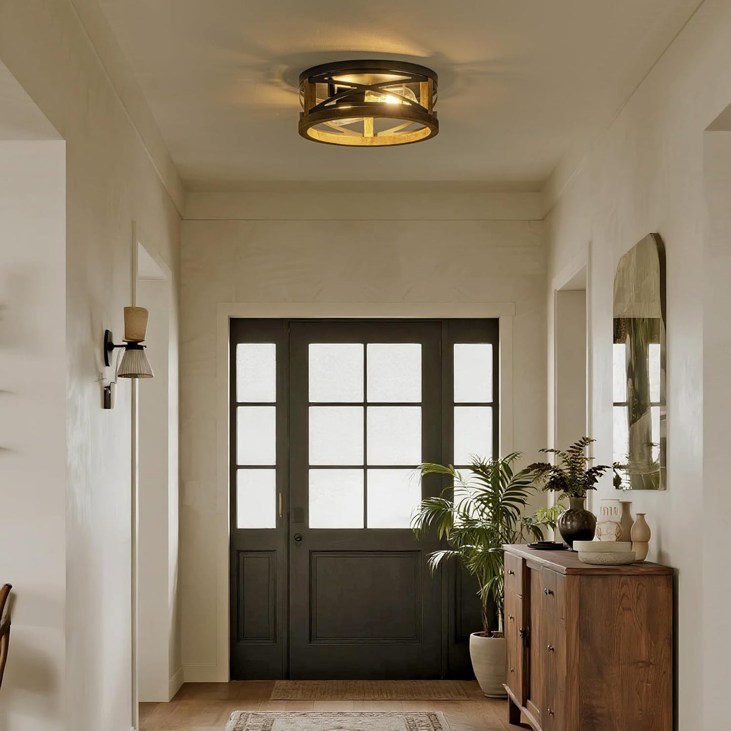 Farmhouse Ceiling Light, 2-Light round Flush Mount Ceiling Light with Wood and M