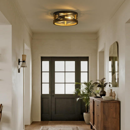 Farmhouse Ceiling Light, 2-Light round Flush Mount Ceiling Light with Wood and M