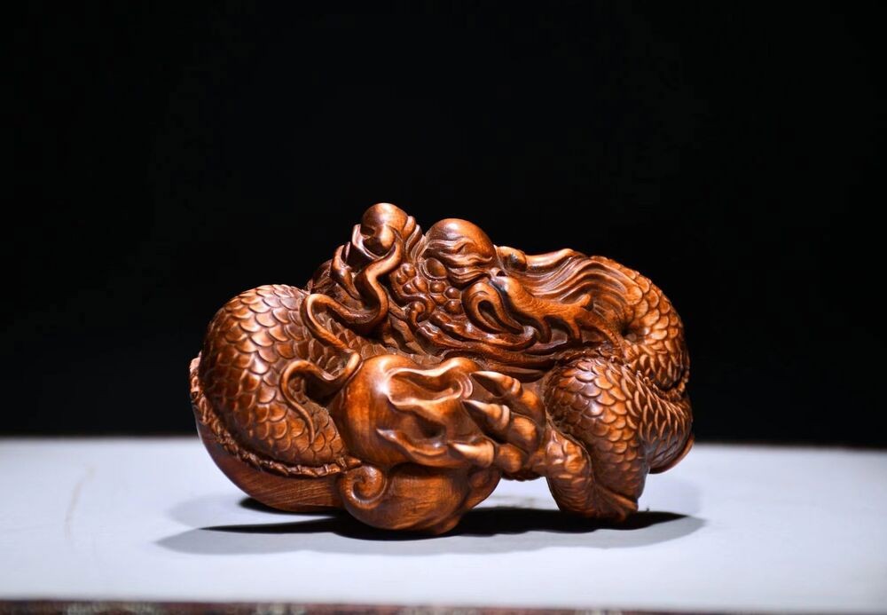 Rare Chinese Collection Hand Carved Boxwood Wood Dragon Statue Hand Piece