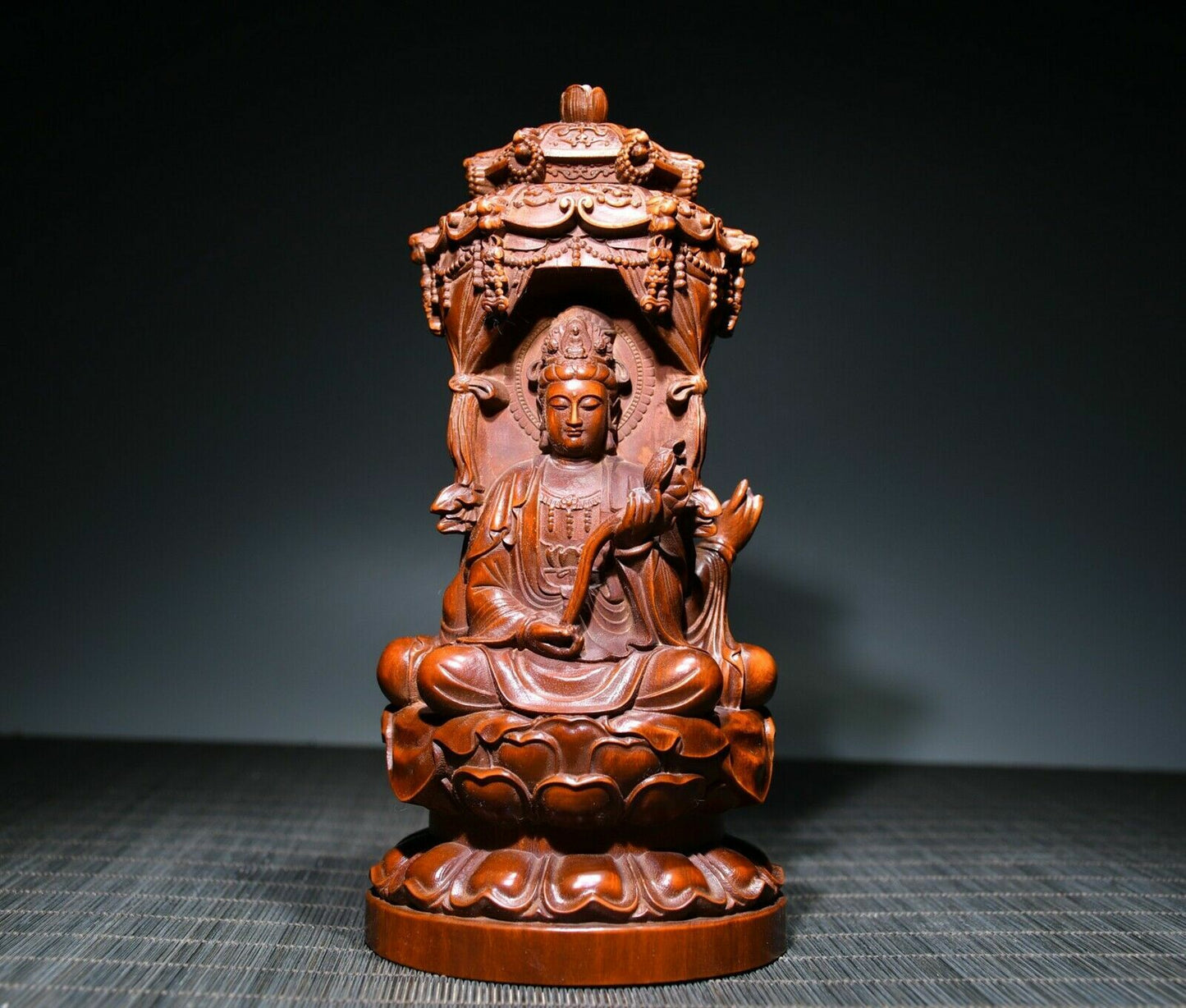 Collect Chinese Wood Carving Boxwood Wooden Sculpture Three Buddha Statue Decor