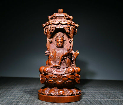 Collect Chinese Wood Carving Boxwood Wooden Sculpture Three Buddha Statue Decor