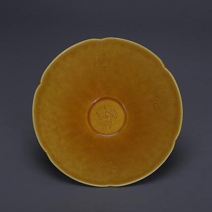 6.5" Collect Chinese Ming Porcelain Yellow Glaze Animal Two Phoenix Douli Bowl