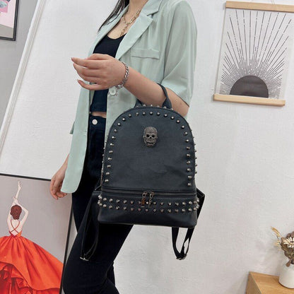 Large Backpack Skull Black Synthetic Leather Daypack Travel Bag Punk 27*13*32 CM