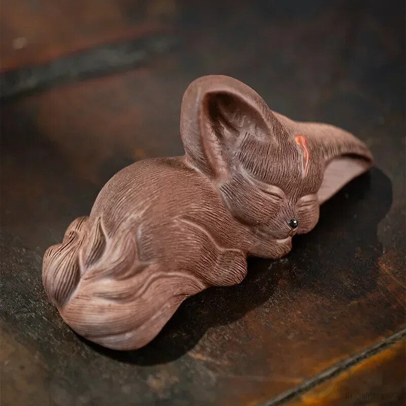 Chinese Yixing Purple Clay Sculpture Tea Pet Lucky Fox Statue Tea Figurine