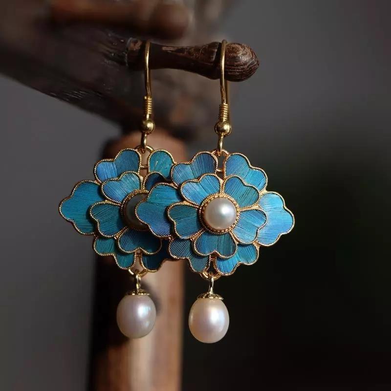 Cloisonne Imitation Diancui Gold Plated Chinese Style Female Long Eardrops