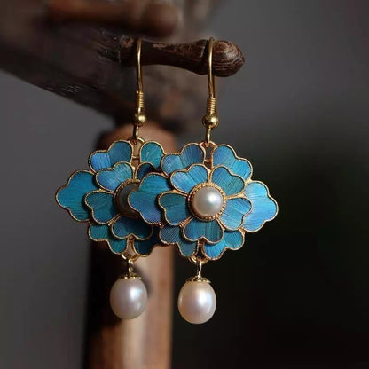 Cloisonne Imitation Diancui Gold Plated Chinese Style Female Long Eardrops