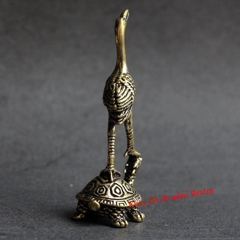 Solid Brass Turtle & Crane Figurine Miniature Vintage Turtle Tea Pet Ornament