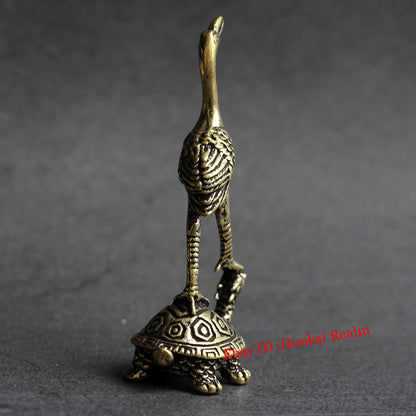 Solid Brass Turtle & Crane Figurine Miniature Vintage Turtle Tea Pet Ornament