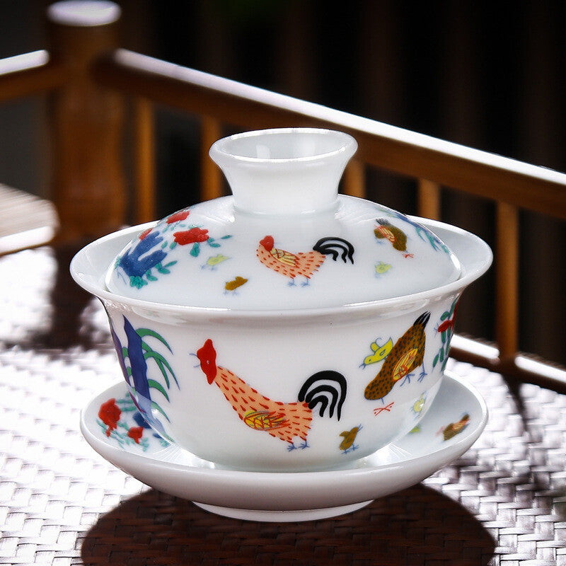 Chinese Doucai Porcelain Ming Chenghua Chicken Design Covered Cup Teacup