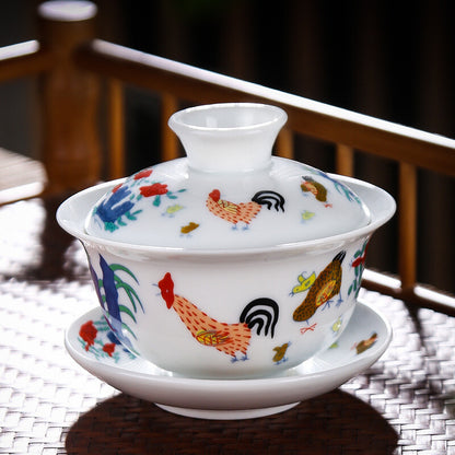 Chinese Doucai Porcelain Ming Chenghua Chicken Design Covered Cup Teacup