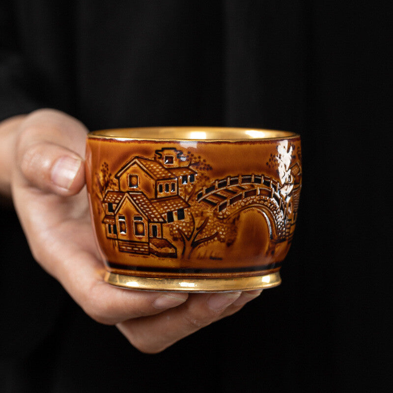 Creative Tea Cup Handmade Relief Ceramic Gilding Master Cup Chinese Kungfu Cup