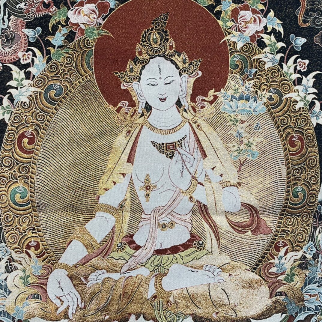 35" Decor Tibet Silk Cloth Embroidery White Tara Thangka Mural Tapestry Dragon