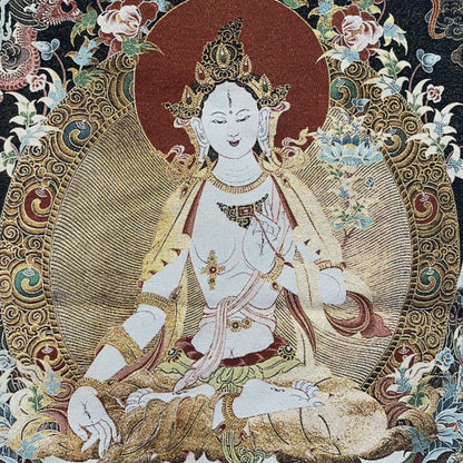 35" Decor Tibet Silk Cloth Embroidery White Tara Thangka Mural Tapestry Dragon