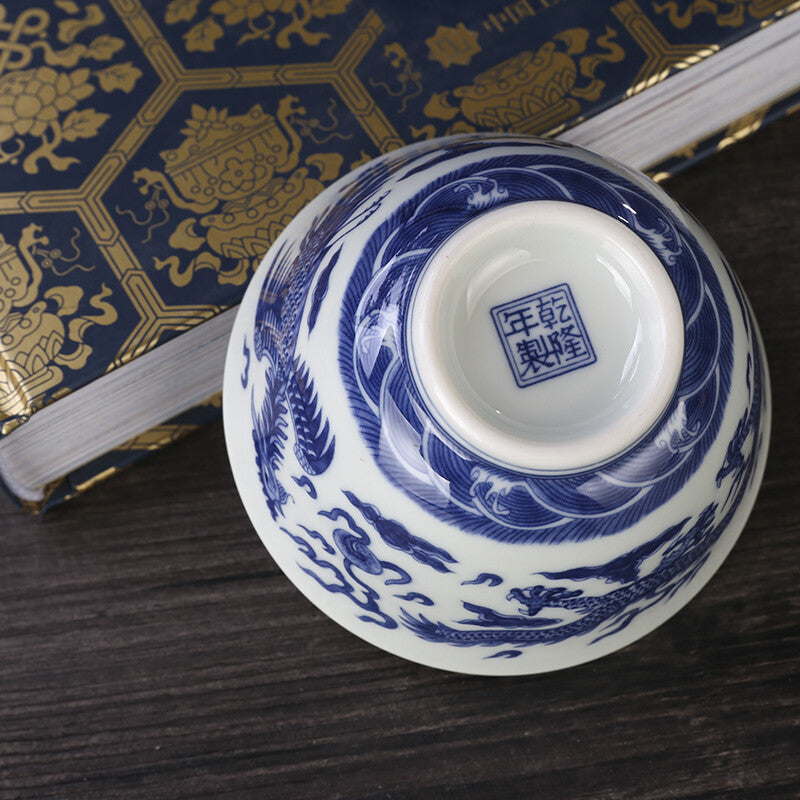 3.1" Chinese Blue-and-white Porcelain Auspicious Animal Dragon Phoenix Cup