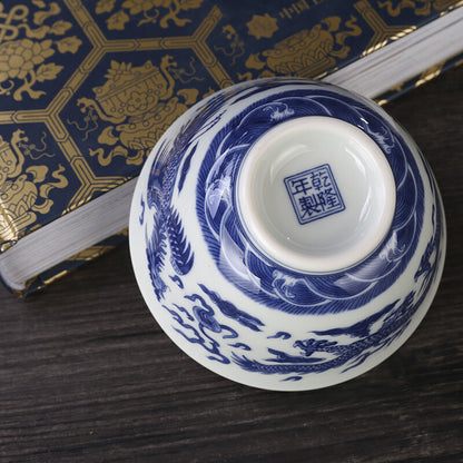 3.1" Chinese Blue-and-white Porcelain Auspicious Animal Dragon Phoenix Cup