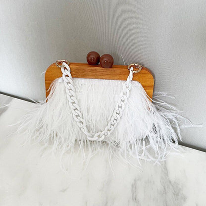 Ostrich Feather Handbag Retro Wooden Evening Purse Acrylic Chain Shoulder Bags