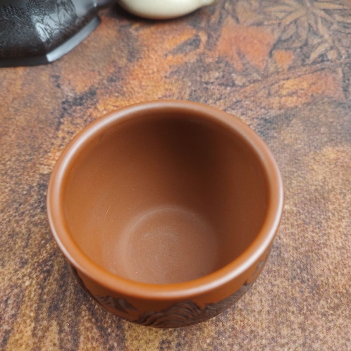 Yixing Zisha Zhuni Teacup 2.9in 150cc Hand Carved Landscape Relief