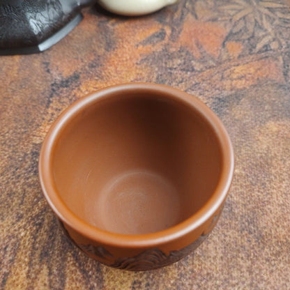 Yixing Zisha Zhuni Teacup 2.9in 150cc Hand Carved Landscape Relief