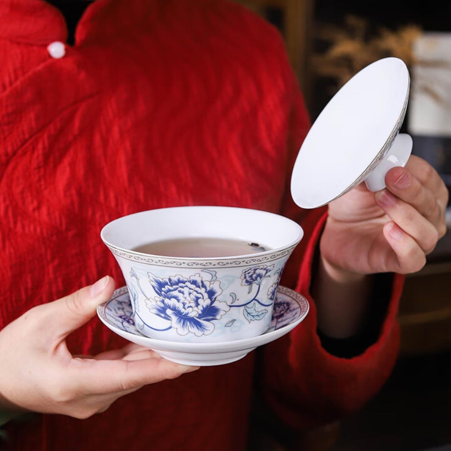 Blue White Porcelain Gaiwan Teacup 260ml 8.6oz Handmade Chinese Kungfu Tea Set