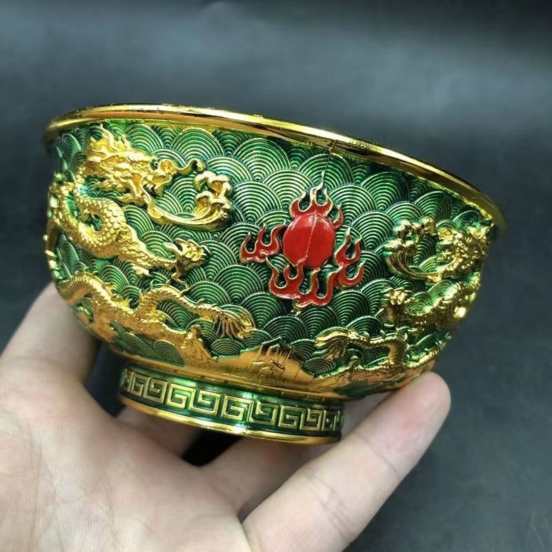 Chinese Crafts Antique Cloisonne Double Dragon Playing Beads Copper Plated Bowl