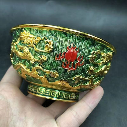 Chinese Crafts Antique Cloisonne Double Dragon Playing Beads Copper Plated Bowl