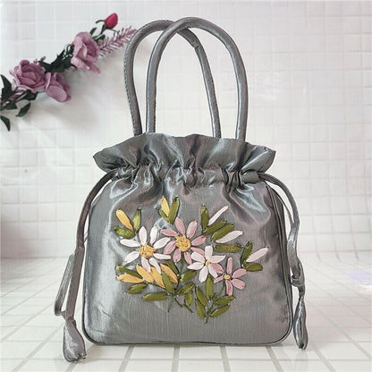 Women Ethnic Embroidered Floral Satin Handbag Girls Drawstring Tote Hanfu Bag